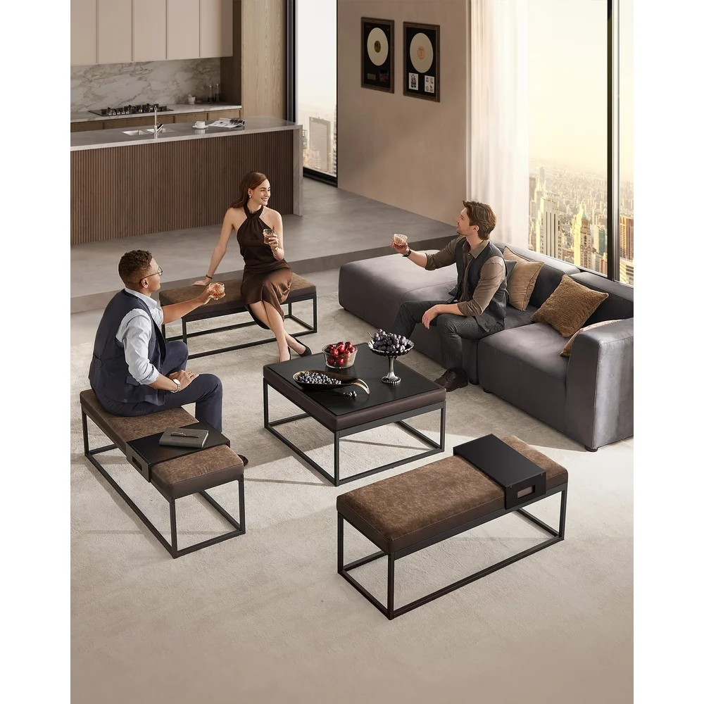 Multi-functional Ottoman Bench Footstool Coffee Table Shoe Bench with Reversible Top Tray Sturdy Steel Frame Indoor Use