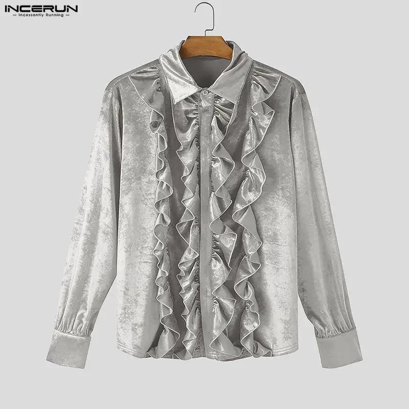 INCERUN Men Shirt Solid Color Velour Ruffle Lapel Long Sleeve Casual Men Clothing Streetwear Fashion Elegant Tops Camisas S-5XL