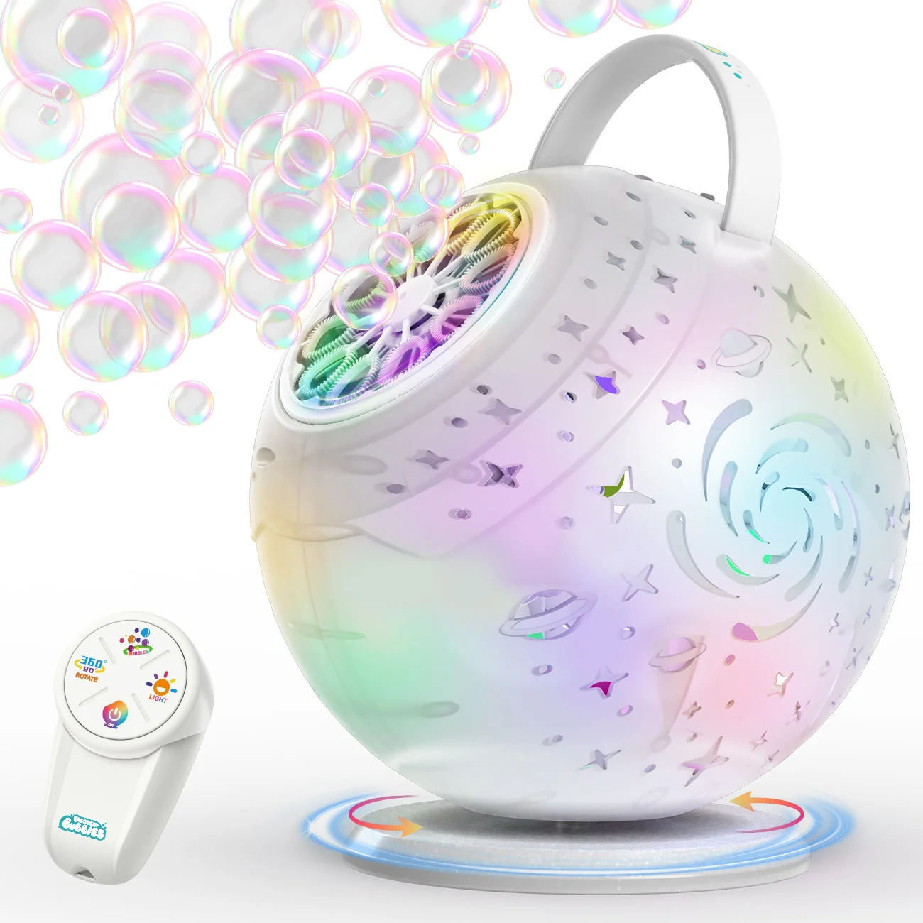 充電式バブルマシン-オート90-°-360-°-回転機能、リモコン付き-65-131フィート-、9色led、大型バブルデザイン、泡が作れる