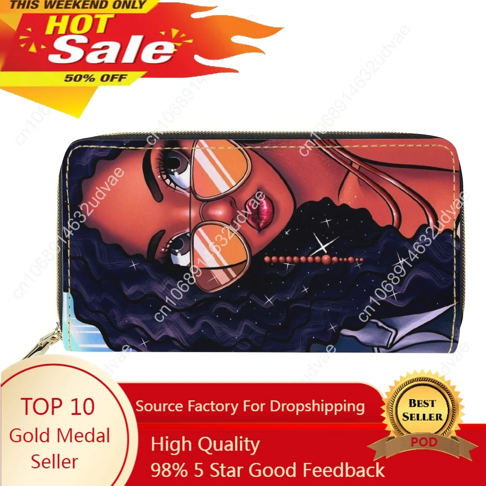 

Women Leather Wallet African Black Girl Print Vintage Long Clutch Wallets Card Holder Fashion Phone Bag Coin Zipper Purse