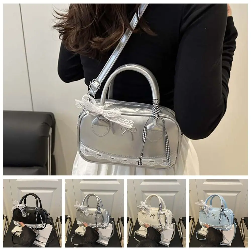 

Универсальная сумка Boston из искусственной кожи с бантом, водонепроницаемая сумка через плечо для боулинга, текстурированная маленькая квадратная сумка в корейском стиле на каждый день