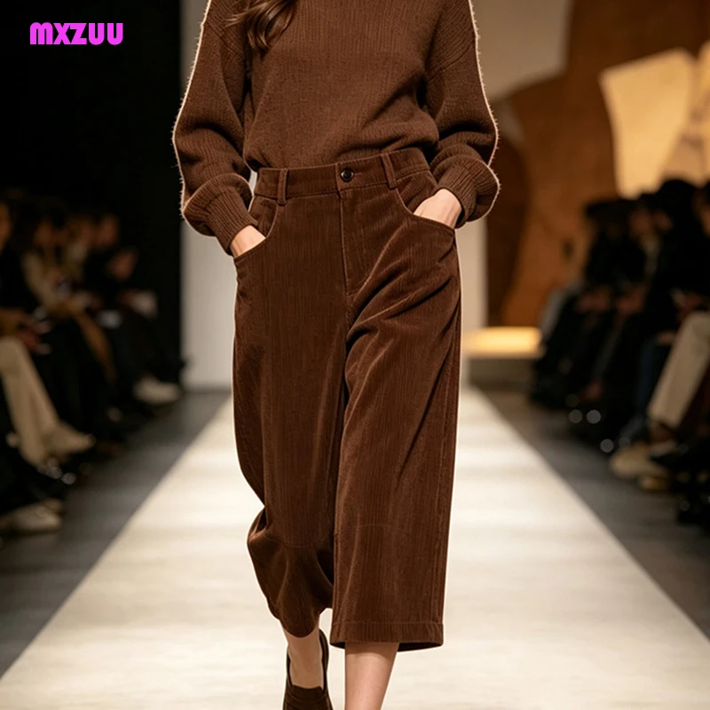 Genuine Leather Cropped Pants Autumn Women Sheepskin Suede Corduroy Embossed Mid High Waist Retro Casual 7/8 Length Trousers
