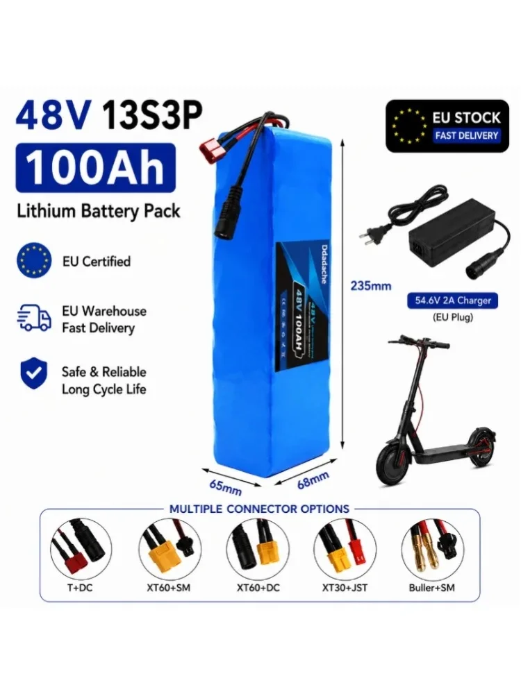 48V 100Ah Lithium-Akkupack 13S3P 18650 Wiederaufladbarer Akku mit Smart BMS 54,6V Ladegerät für Elektroroller Fahrrad EU-Lager