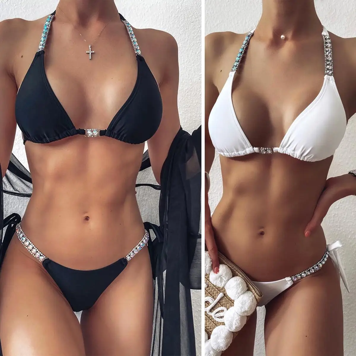 Mais novo verão de luxo strass bandagem beachwear push up sutiã conjunto biquíni moda feminina verão diamante maiô