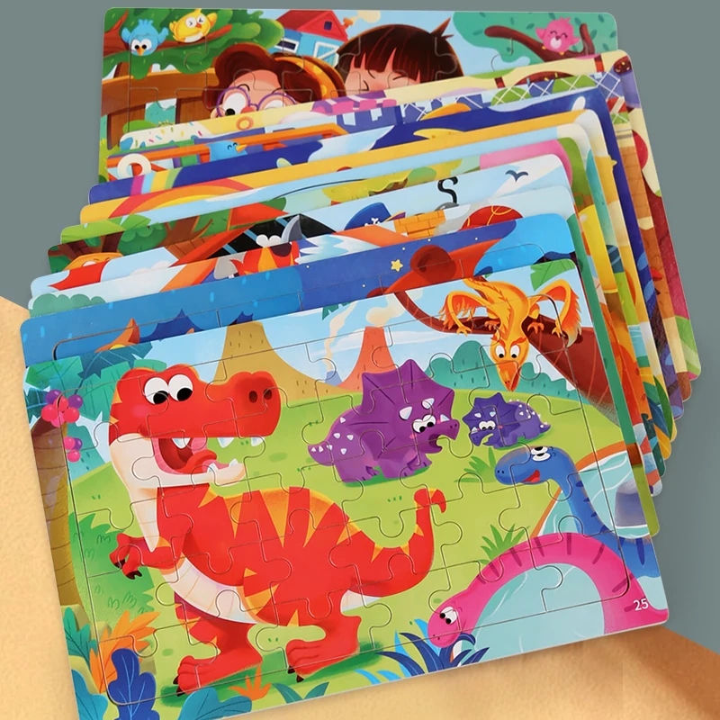 

30pcs Wooden Puzzles Cartoon Animal Dinosaur Traffic Excavator Tangram Jigsaw Montessori Educational Toys for Children Baby Gift
