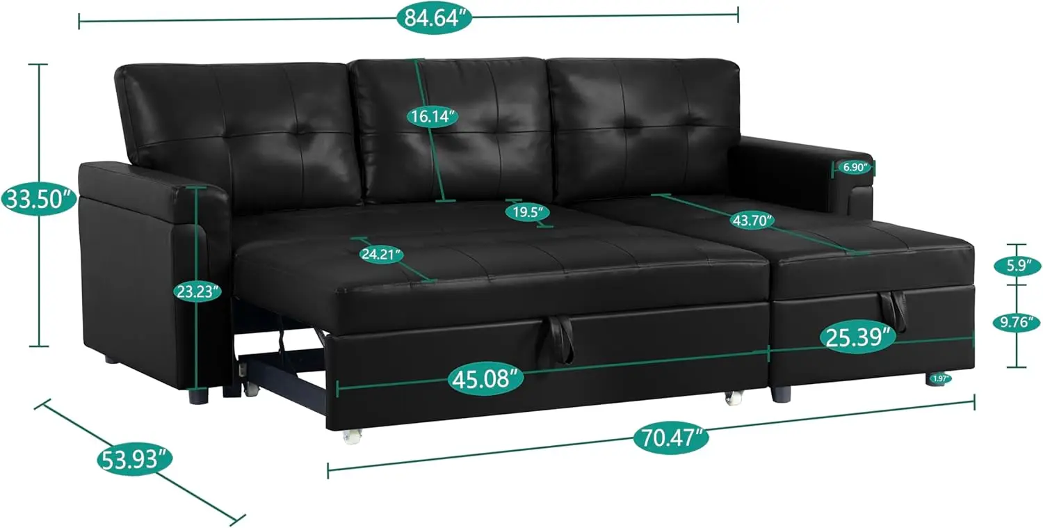 Jenny Sectional Sofa Sleeper with Storage Chaise, Tufted Pull Out Couch with Storage, Sectional Sofa Bed, L-Shaped Re