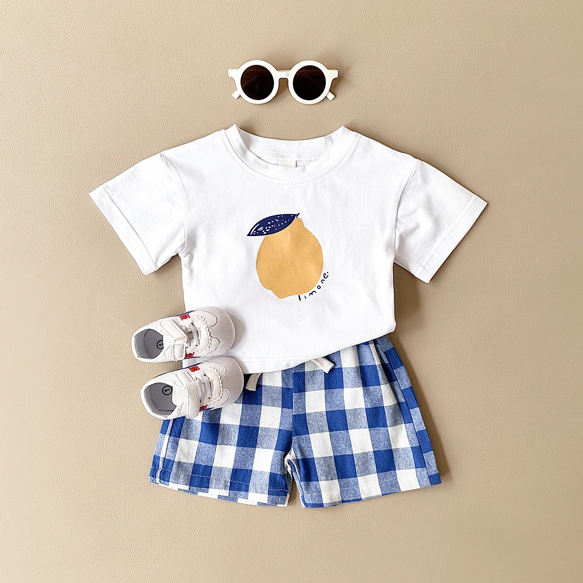 2024 Summer Toddler Outfit Newborn 2PCS Baby Boys Girls Clothes Set Lemon Print T-shirt+Checkered Shorts Beach Infant Set 0-3Y