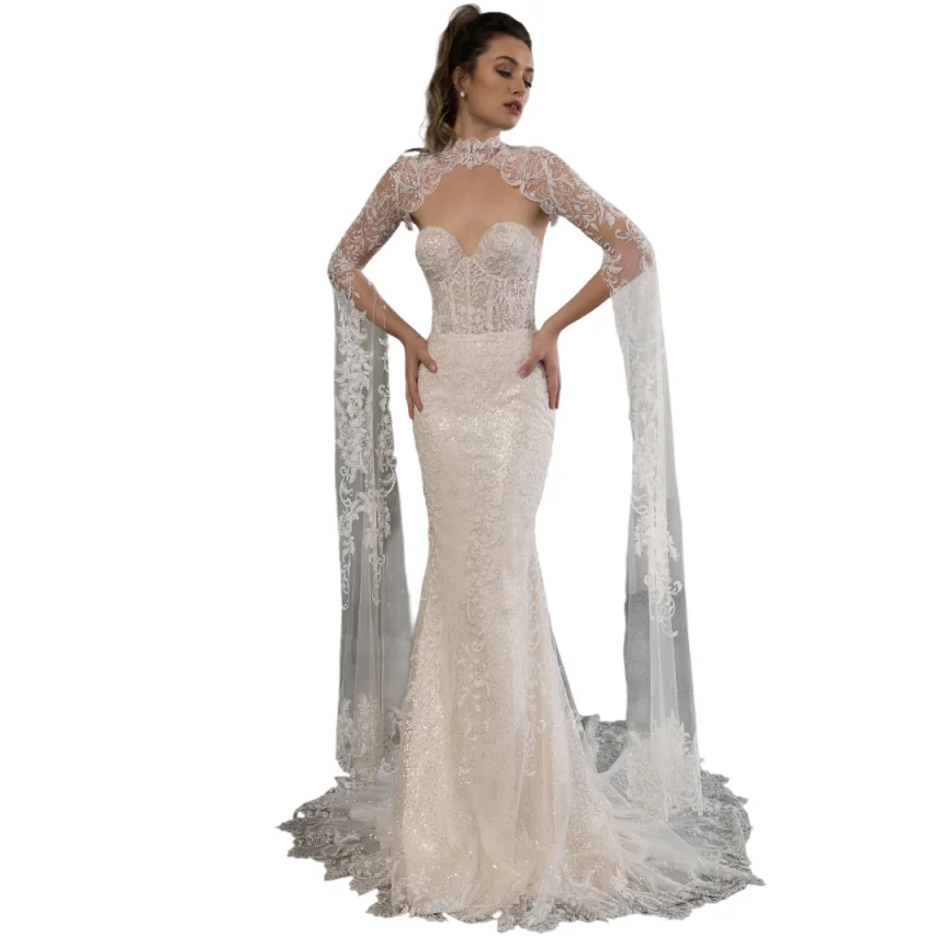 Fashion Bridal Shrugs Delicate Floral Lace High Neck Hollow Cutout Layered Flared Fringe Sleeve Light Transparent Bridal