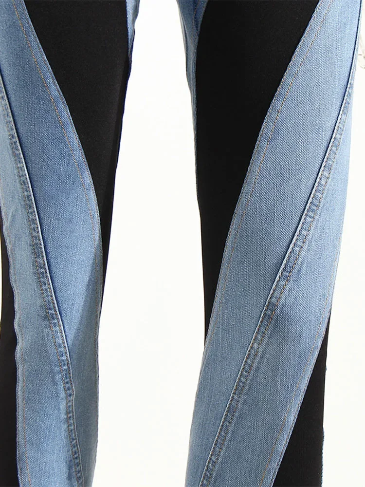 Jeans da donna a blocchi di colore firmati Slim Decostruisci con pannelli patchwork a vita alta Pantaloni lunghi in denim blu divisi Autunno