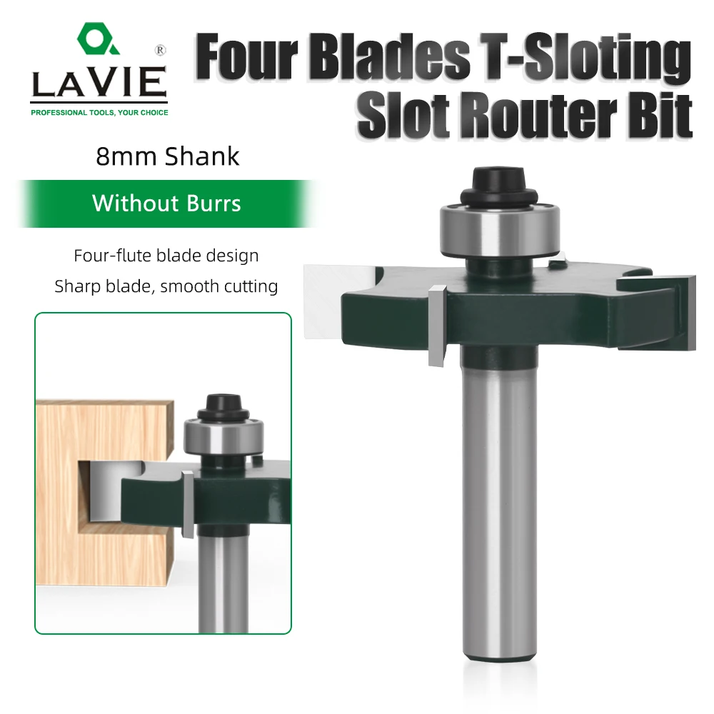 

LAVIE 1pc 8mm Shank T Slot Router Bit, 4 Flute T-Type Wood Milling Cutter with Ball Bearing,Woodworking Tool For Grooving