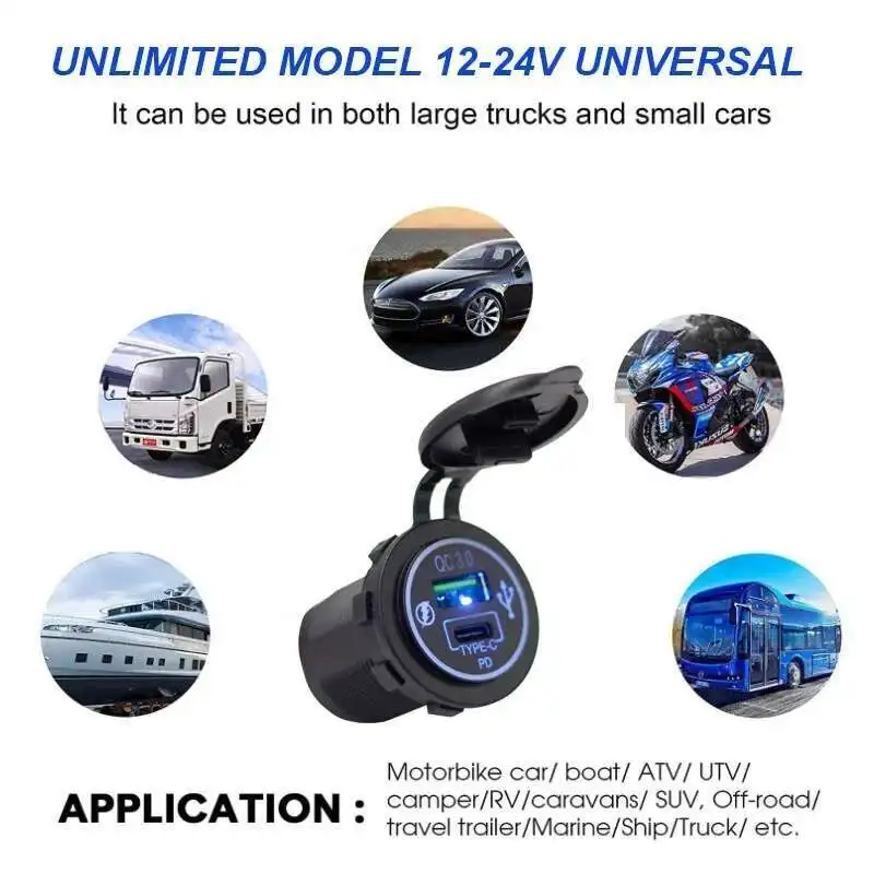 12V 24V Ônibus universal USB A QC 3.0 18W Tipo C PD 30W Soquete de carregador de carro rápido