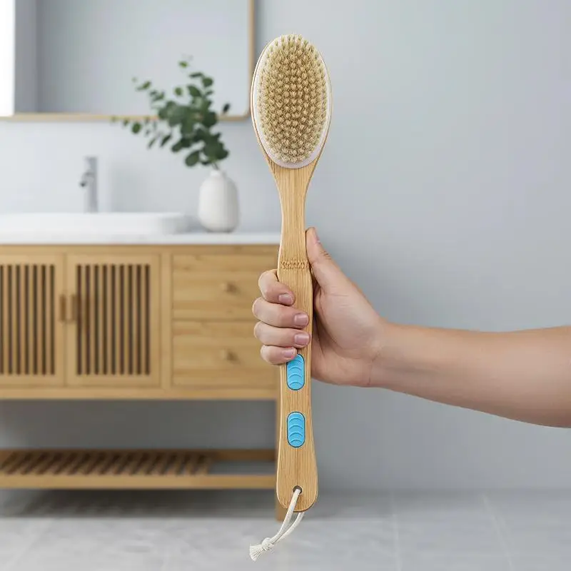 Massage Shower Brush Long Wooden Handle Bristle Scrubber for Back Foot Exfoliation Deep Cleaning Home Bathroom Use
