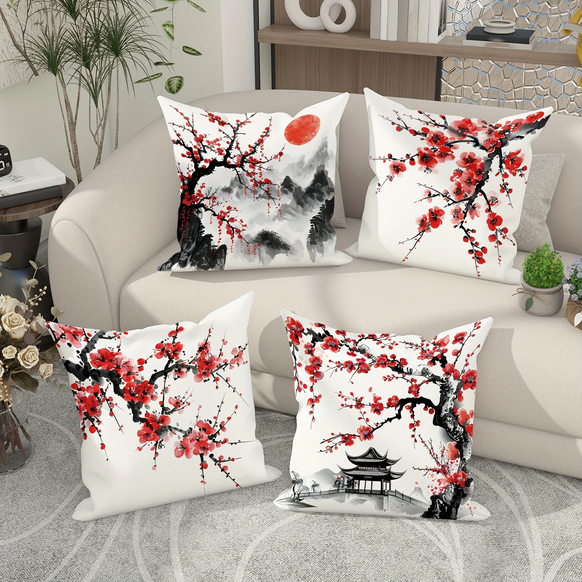 Ancient style plum blossom decorative pillowcase, ultra-soft polyester material living room sofa backrest car pillowcase