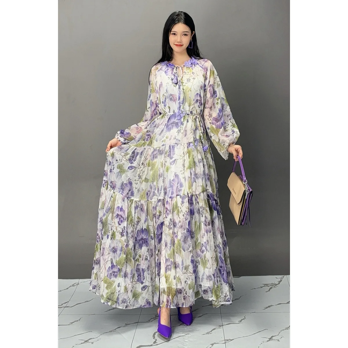 Vefadisa 2024 Autumn New Purple Printed Dress With Long Sleeves Lace-up Decorative For Temperament Elegant Fashion Dress ZXY962A