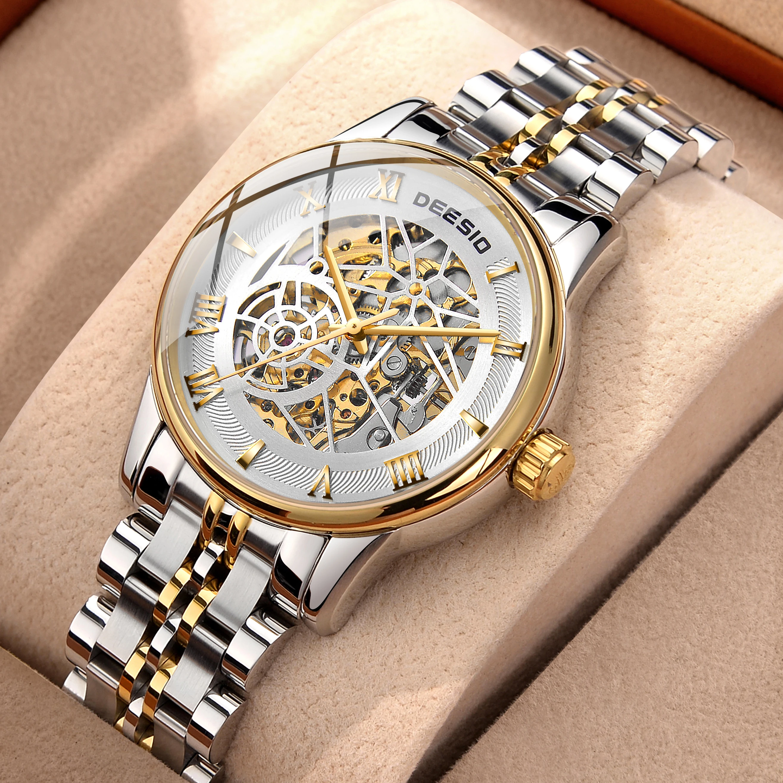 Deesio Mens Automatic Movement Skeleton Watch Luxury Business Stainless Steel Mechanical Wristwatch Water Resistant Watch Y2k