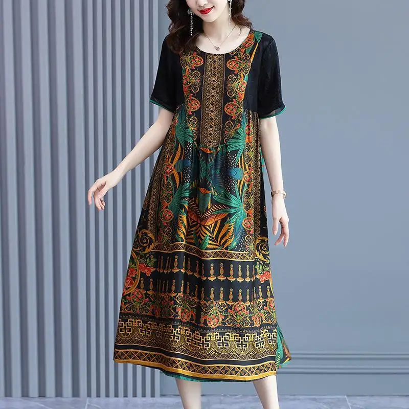 Fashion Female Elegant Casual Round Neck Printing Dresses 2023 Summer Women's Clothing Vintage Loose Short Sleeve Midi Dress