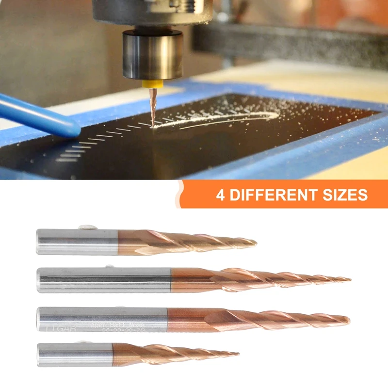 4PCS Carbide Spiral Tapered Ball Nose End Mill 6Mm Shank Router Bit Woodworking CNC Carving Bits Wood Milling Cutter