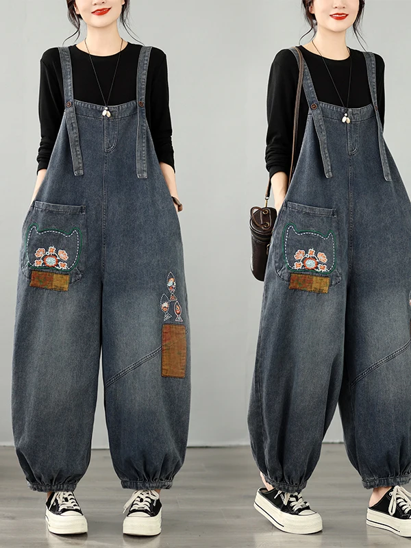 Embroidered Casual Fashionable Denim Overalls for Women High Waist Straight Leg Pants Spring Autumn Seasonal Versatile Person...