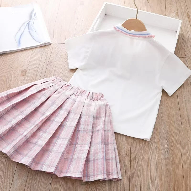 Japanese Embroidery Junior Uniform Girls 2PC Tshirt and Skirt Summer for Schoolchild Pleated Skirts and Tops Outfits Children