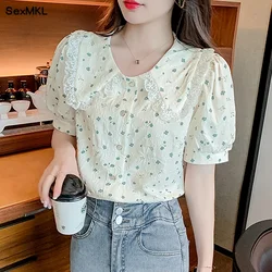 Vintage Puff Sleeve Tops Women 2024 Fashion Floral Printed Lace Patchwork Blouses Korean Style Slim Casual Summer Chiffon Shirts