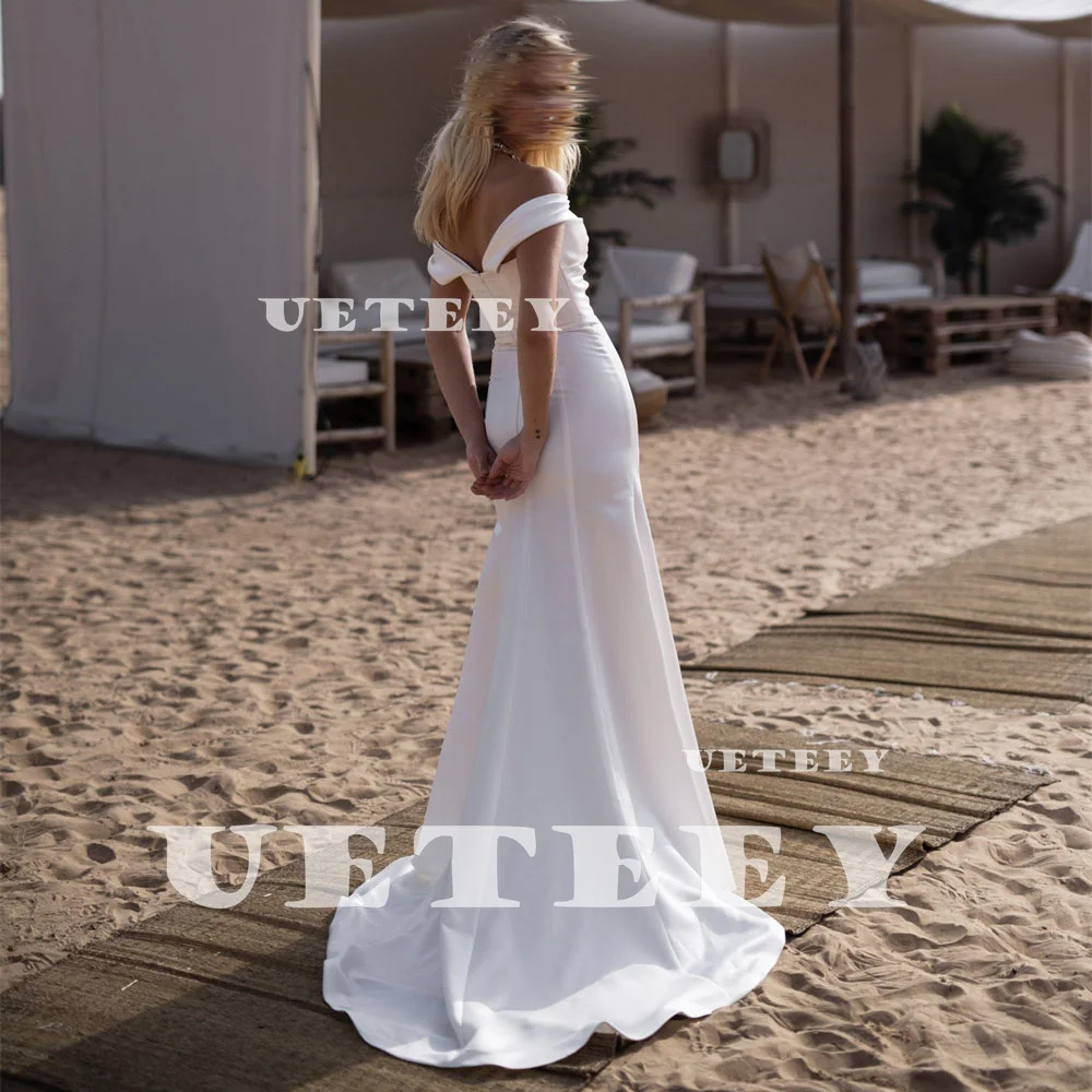 UETEEY Customized Detachable Off Shoulder Pleats Crepe Mermaid Wedding Dress Zipper Slit Back Detachable Court Train Bridal Gown