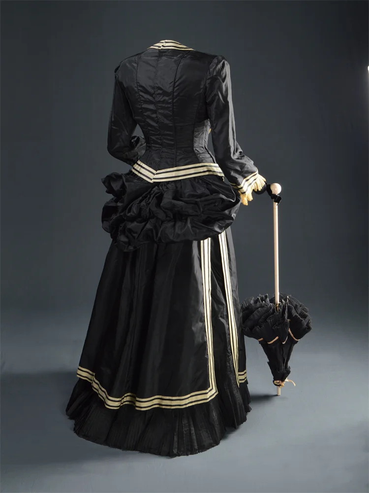 ساراتوجا جذع كليو دولين تأثيري حلي سوداء فستان الحداد الفيكتوري مسرح الكرة ثوب هالوين الزي