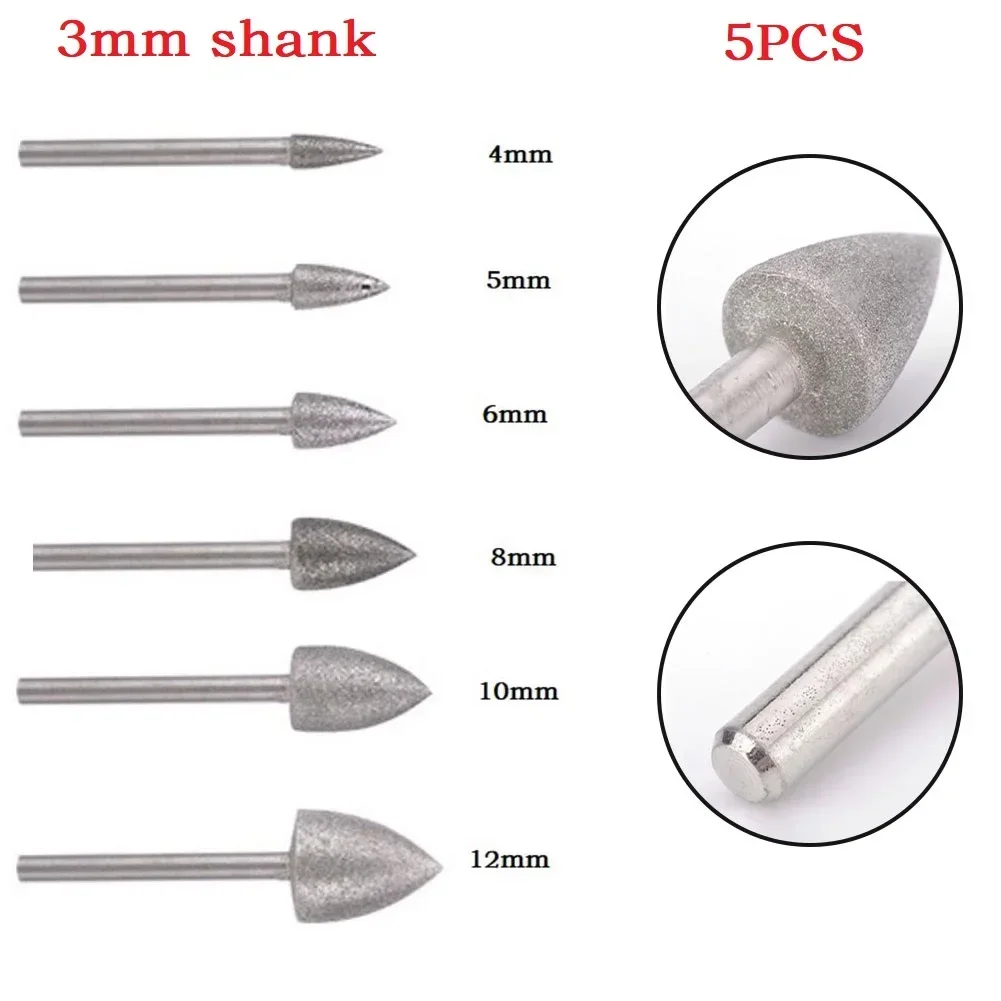 5PCS Diamond Triangle Burr Drill Bit Set For Carving Engraving Drilling 4-12mm Tools Jade Carve Tools
