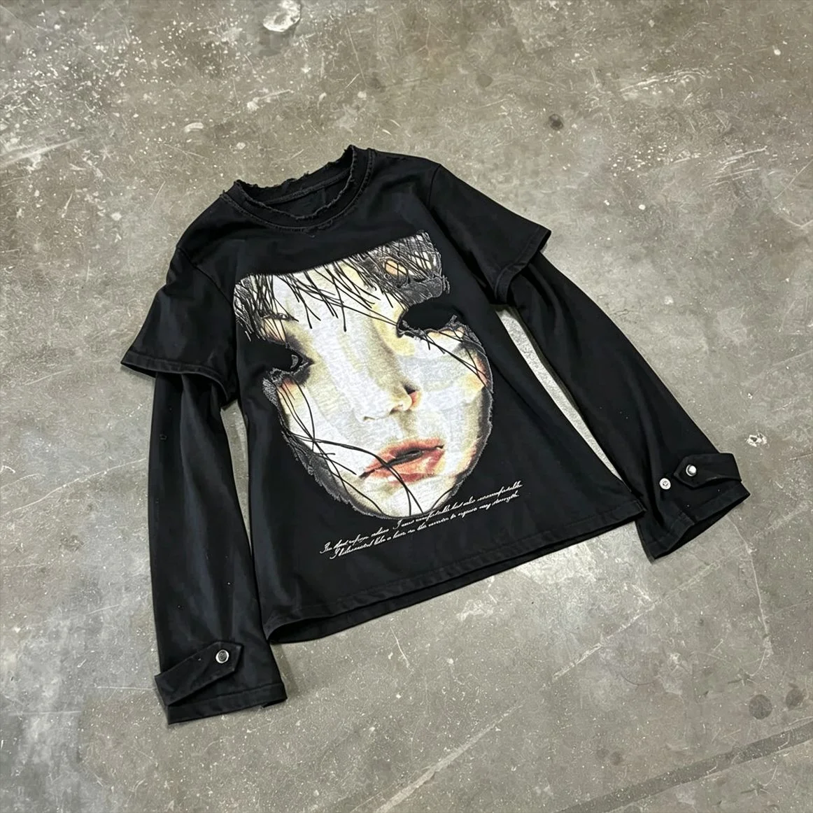 Gothic Vintage Anime Face Pattern Long Sleeve T-Shirt Button Detail Fake Two-Piece Design for Alternative Streetwear