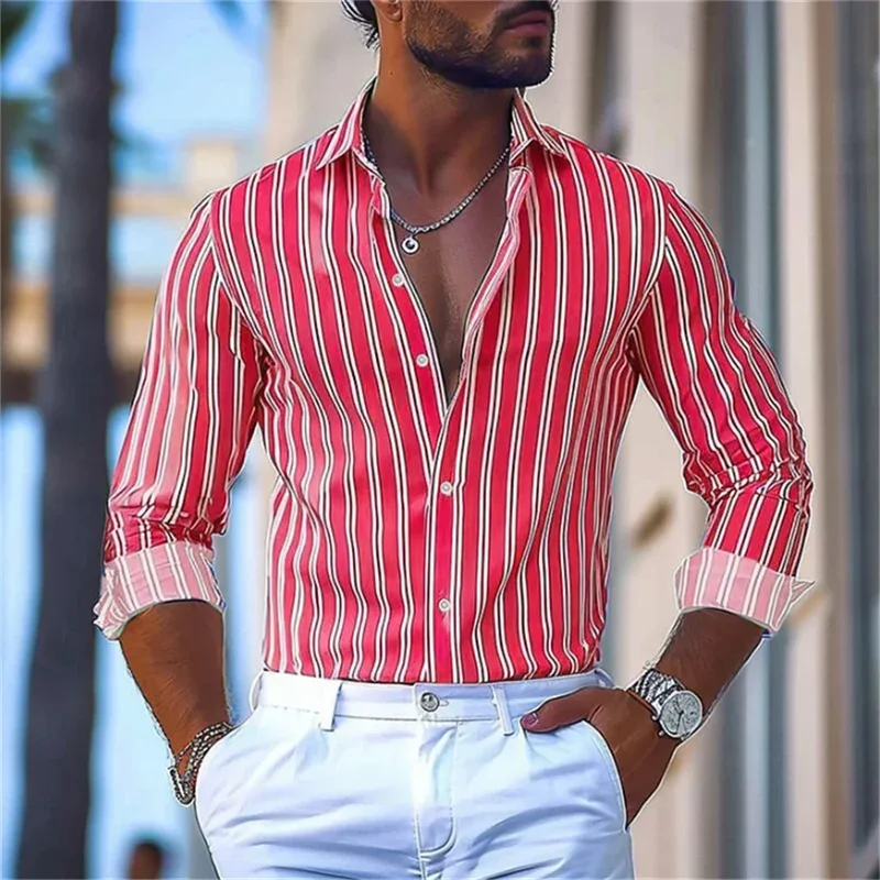 

9 colors striped men's shirt business casual outdoor top spring and summer lapel long-sleeved shirt fashion button design 5XL