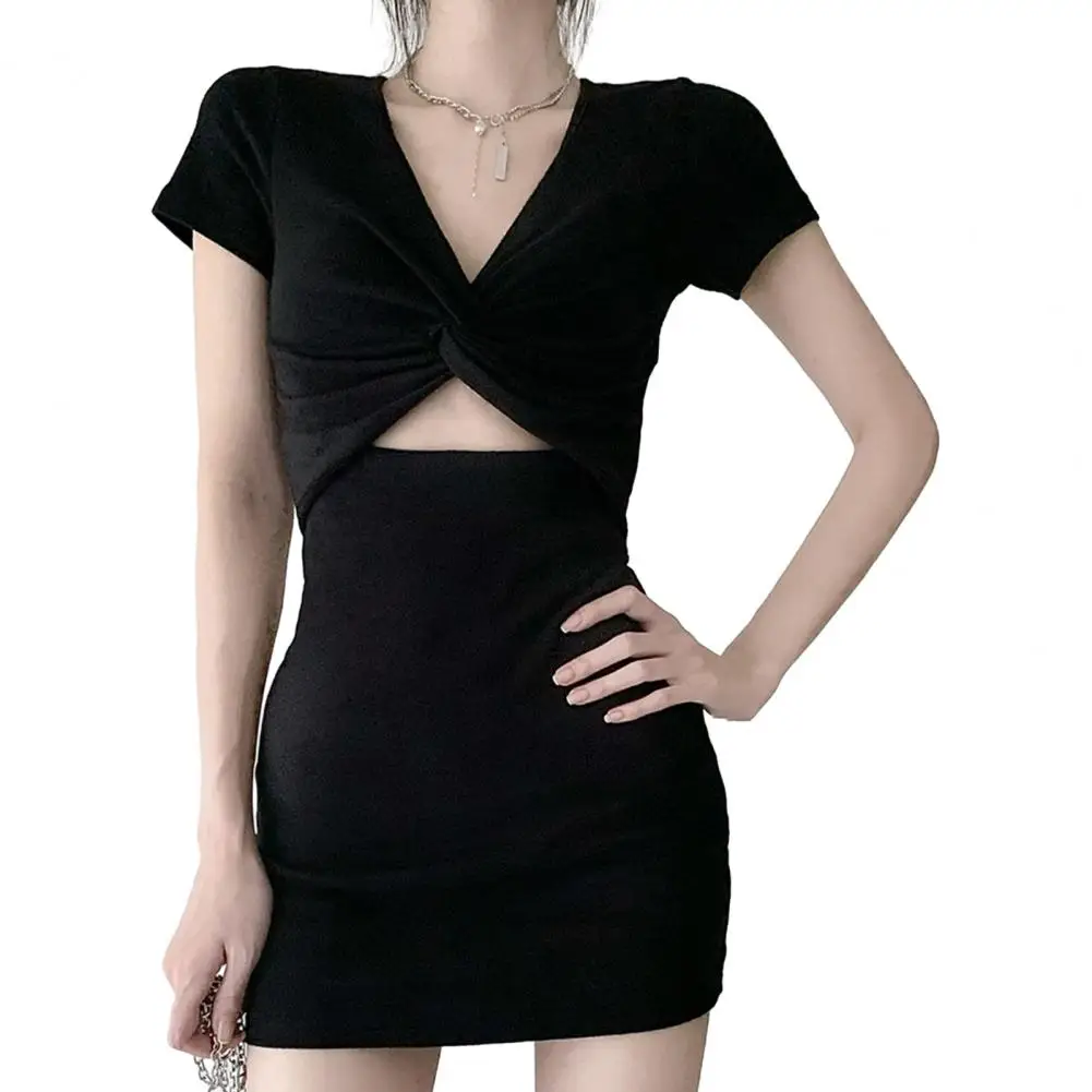 

Women MIni Dress V Neck Cross Knot Hollow Out Waist Short Sleeves Skinny Elastic Sheath Short Dress