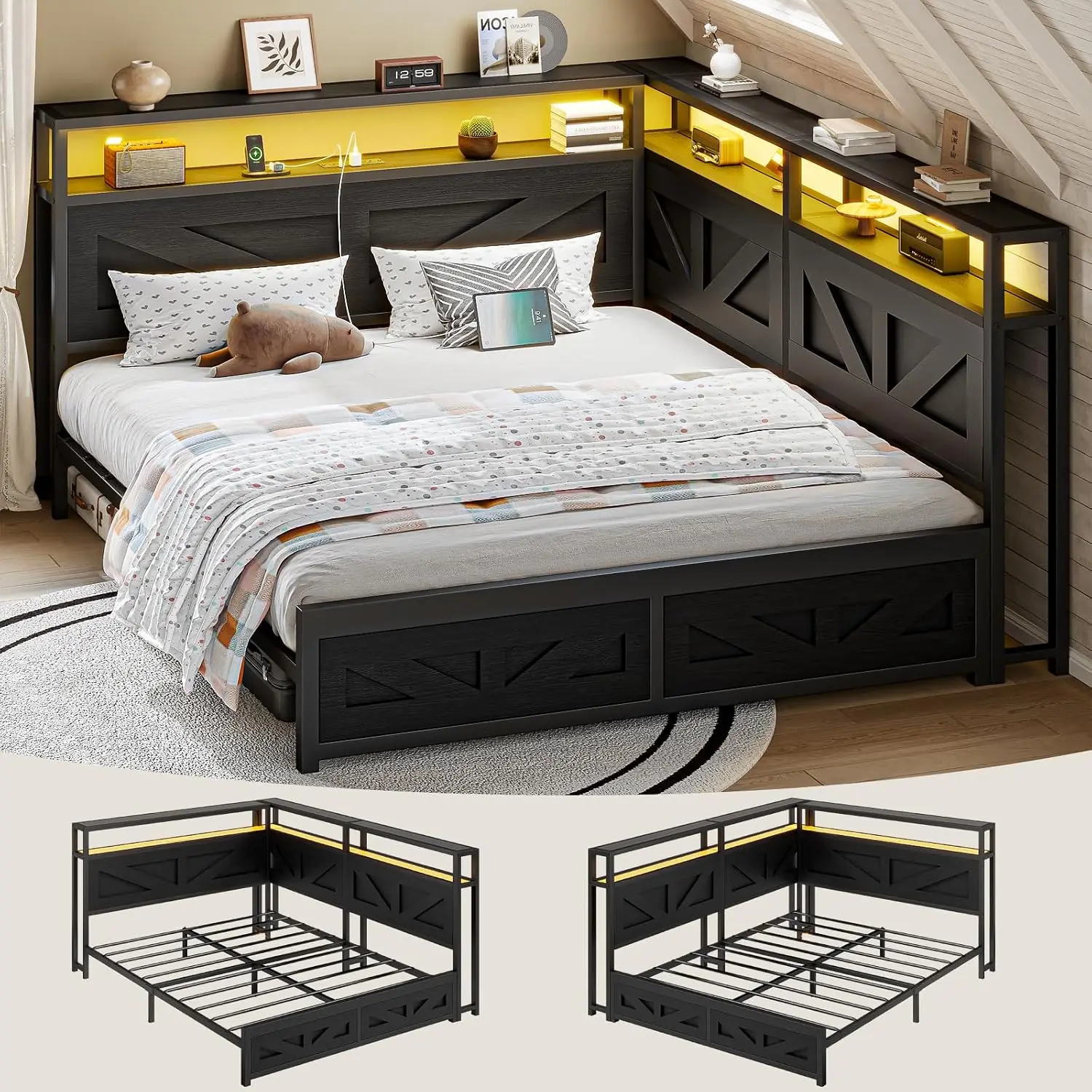 

Queen Corner Bed Frame with Storage and Bookcase Headboard, Daybed with LED Light and Charging Station, Queen Size, Custom
