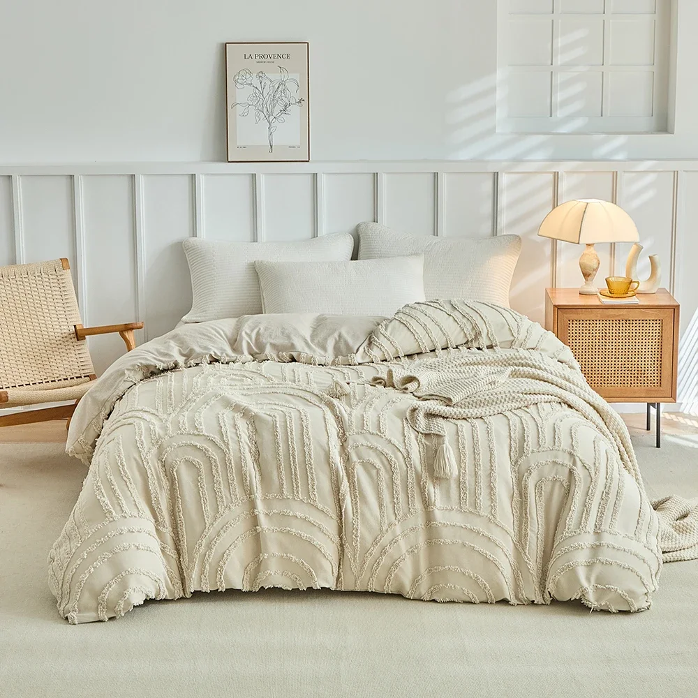 Bohemia Tufted Stripe Duvet Cover Set 2/3pcs Boho 3D Flower Cutting Quilt Cover Set Soft Skin-Friendly Blanket Cover Pillowcase