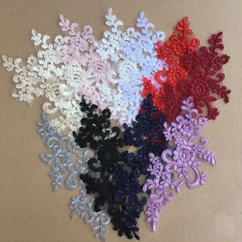 1Pair Embroidery Flower Lace Applique Sew On Patch Fabric DIY Neckline Sewing Decoration Craft Gown Wedding Dress Accessories