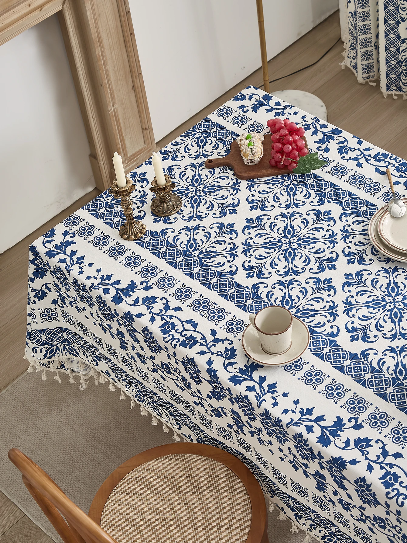 blue flower cotton linen texture tablecloth suitable for living room, coffee table, dining table fabric