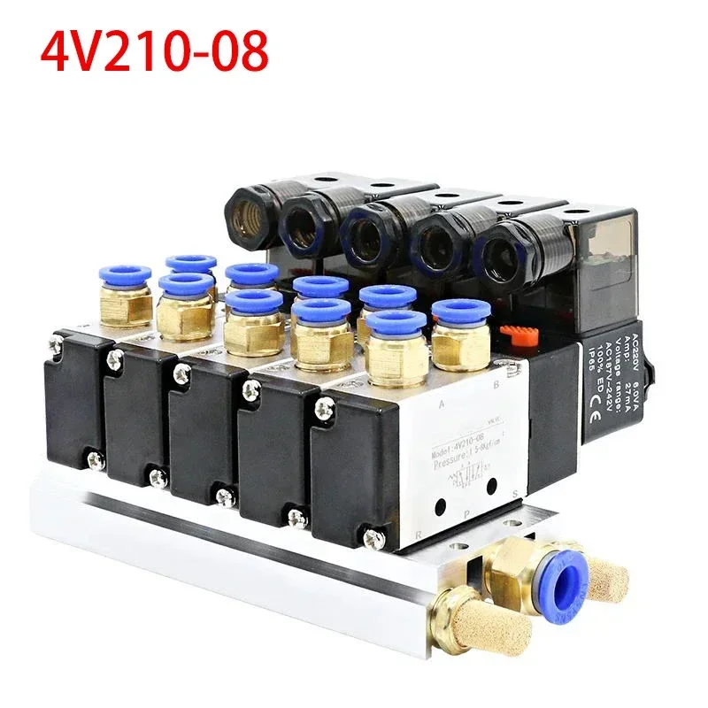 12/24V DC 110/220V AC Multi Option 4V210-08 Pneumatic Solenoid Valve Block With Muffler Fitting Base Manifold 2/3/4/6 Way