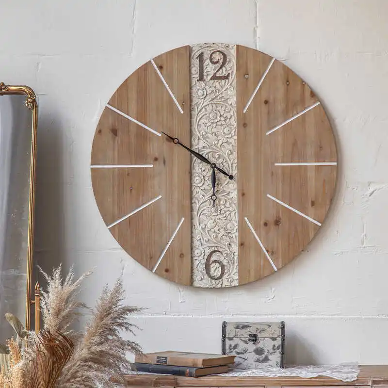 industrial style wall-mounted decorative clock B & B living room bedroom clock wood grain engraved round wall clock