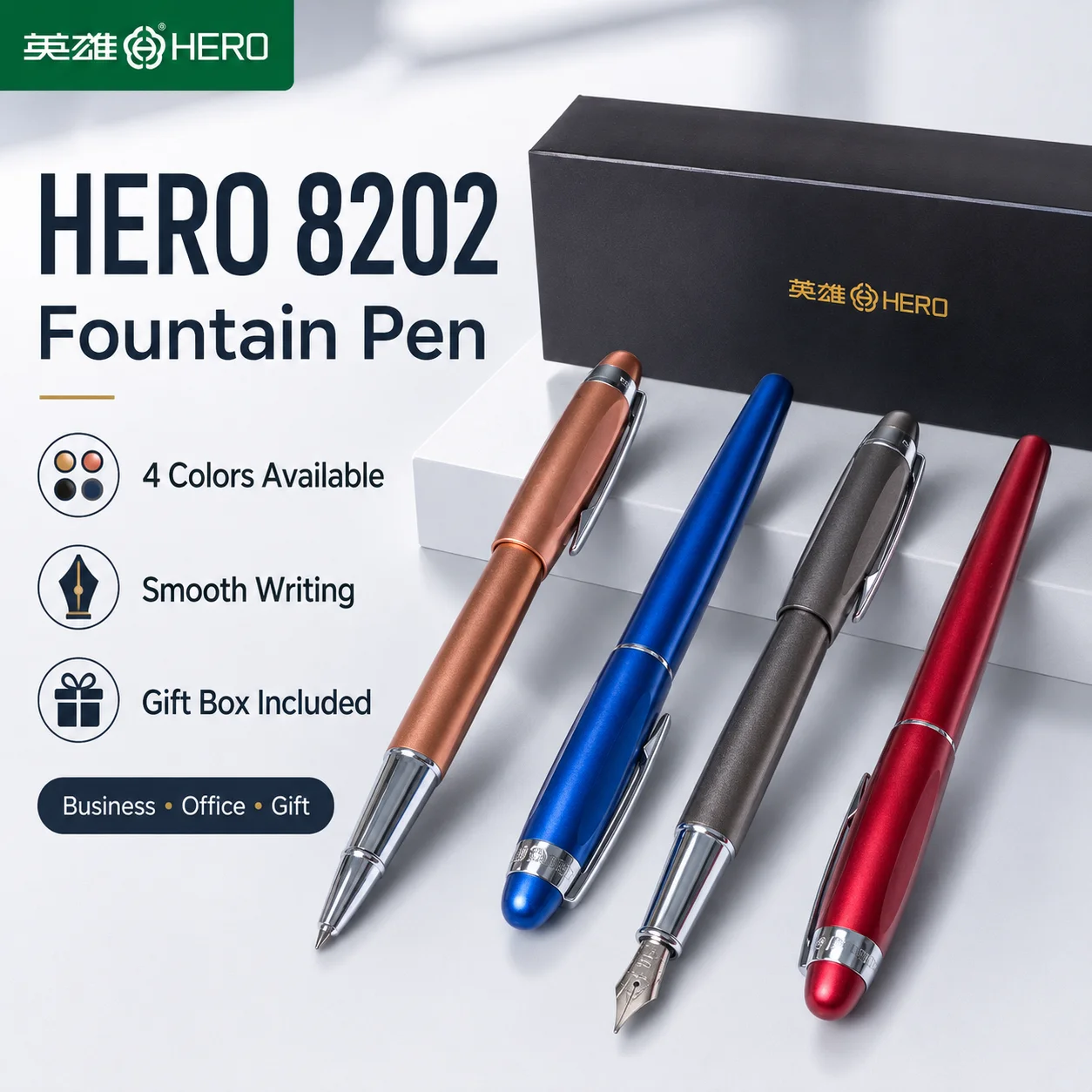 Fountain Pen Ink - ヒーロー 8202 マットメタル万年筆、回転式インク充填システム、4色アソート、スムーズな書き心地のイリジウムペン、学生・オフィス向け