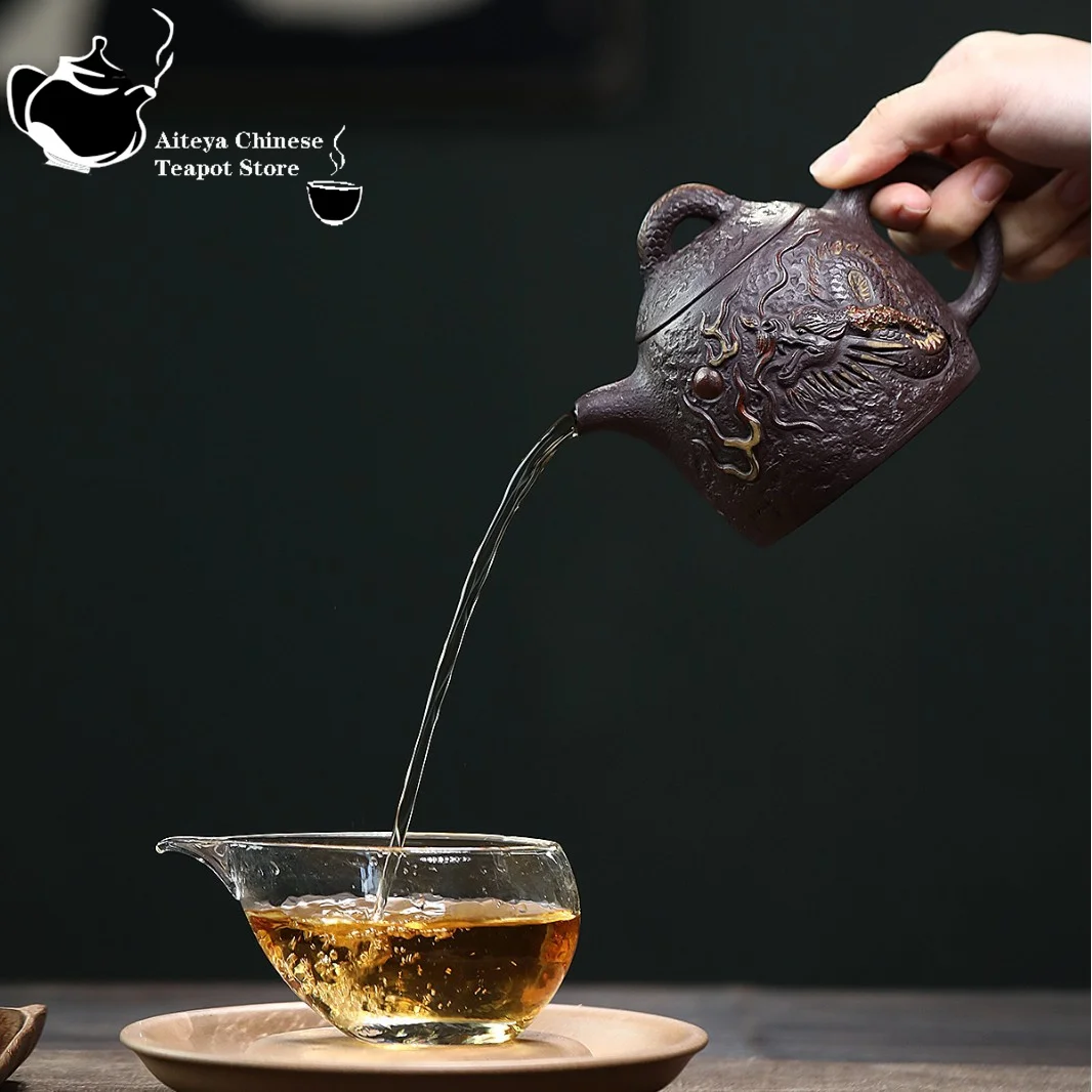Théière en argile violette Yixing, minerai original, boue violette, dragon de bon augure jouant avec des perles, service à thé Qin Quan, théière chinoise
