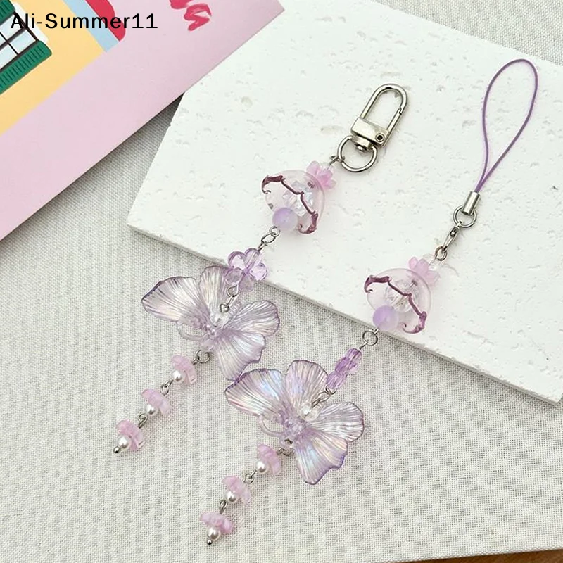 【11A】Sweet Purple Butterfly Wind Chimes Keychain Pendant Phone Chain Strap Lanyard Girly Bag Hanging Ornaments Accessories Gifts