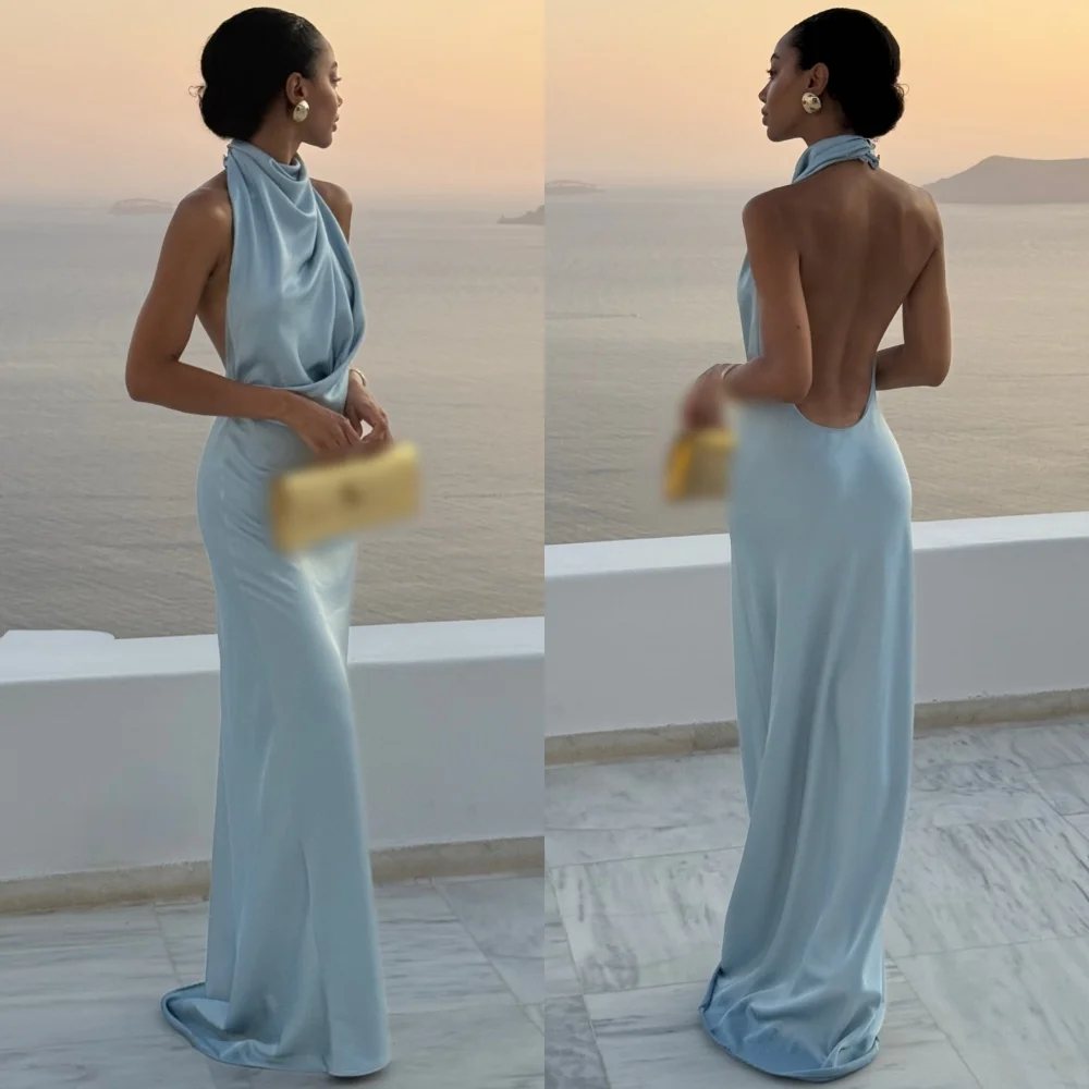 

Customized Elegant Exquisite Charmeuse Pleat A-line Halter Long Dresses Bespoke Occasion Sizes Available