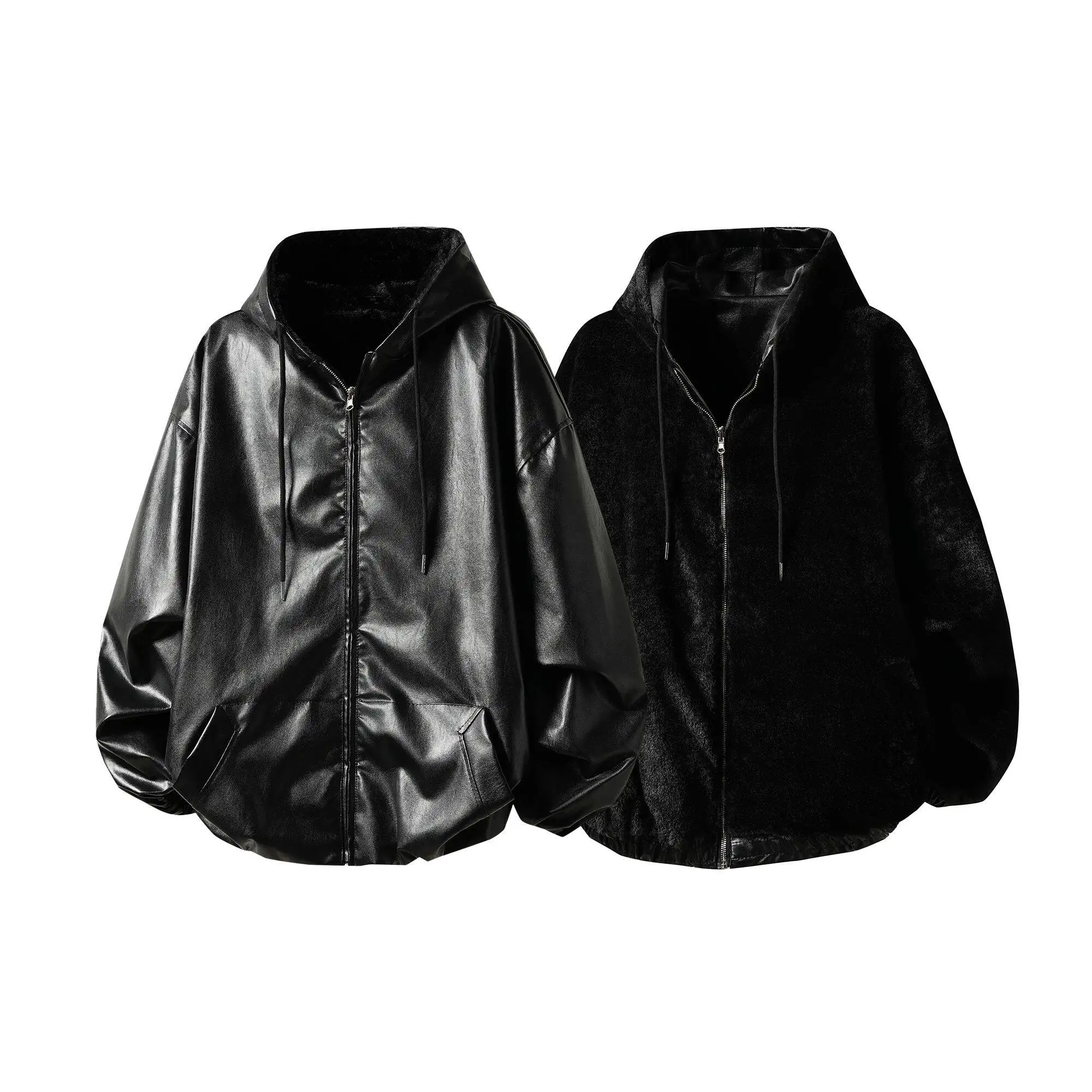 

American Style Winter Double-Sided Wear Fleece Lined Hooded Jacket Couple Style Loose Streetwear Zipper PU Leather Coat Men W...