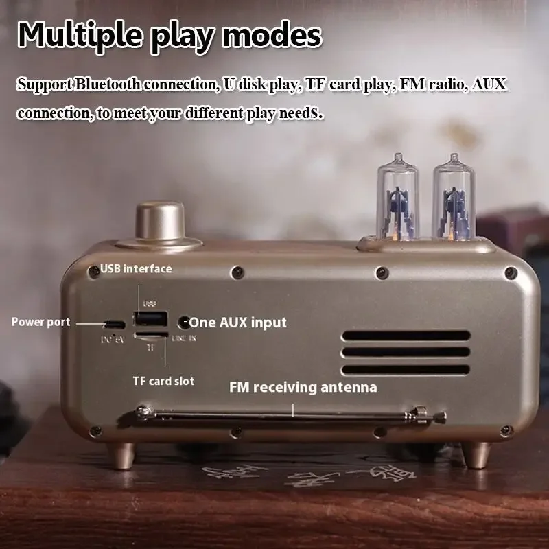 Altavoz Retro inalámbrico compatible con Bluetooth, llamada manos libres, tarjeta portátil, disco U, FM, pantalla de tiempo, reproductor de música con luz