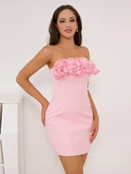 BEVENCCEL 2023 Women's High Quality Pink Strapless Flower Lacing Sexy Backless Tight Mini Dress Elegant Tomorrow Party Dress