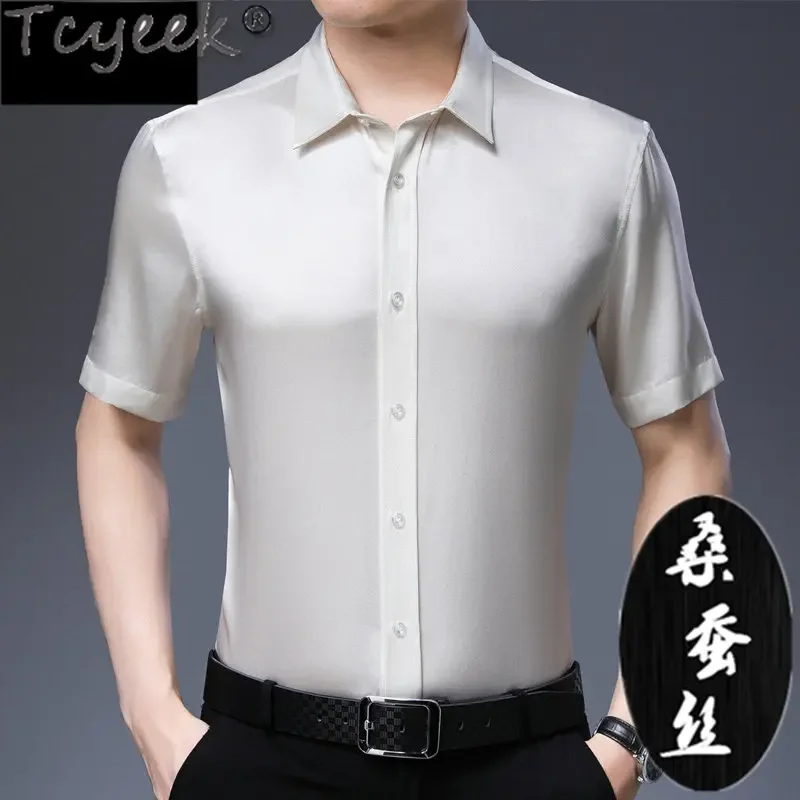 Tcyeek 92% Mulberry Silk New Mens Shirts Tide Summer Short Sleeve Top Men Clothing Thin Loose Silk Blouse 2023 Roupas Masculinas