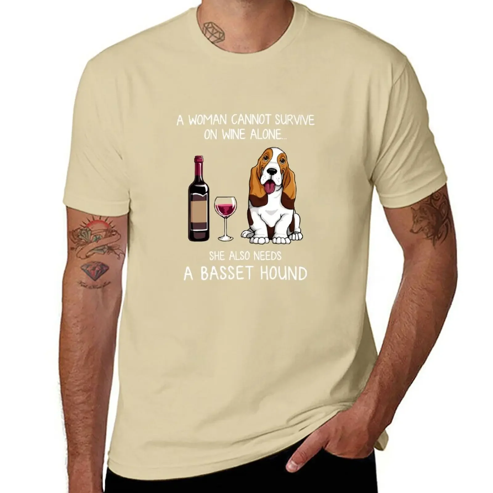 2024 summer new men t shirt Basset Hound and wine Funny dog T-Shirt Blouse short sleeves pure cotton tops casual streetwear