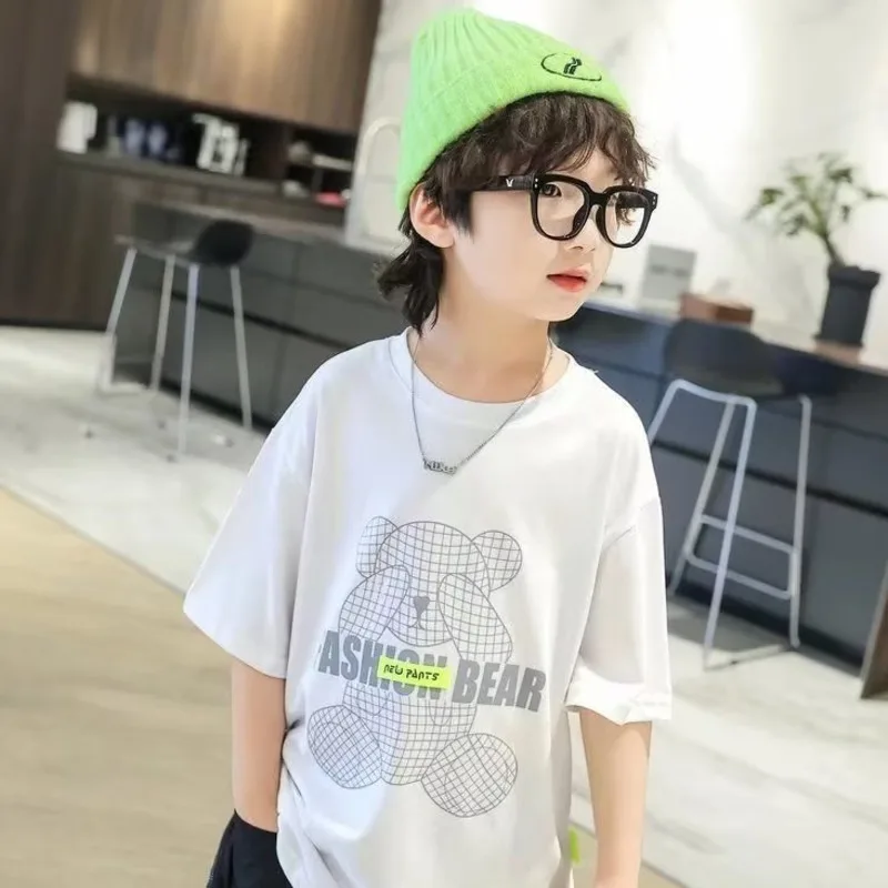 Summer Short-sleeved T-shirt 2022 New Children's Foreign Style Half-sleeved Crew Neck Printing Bear Boys Clothing White