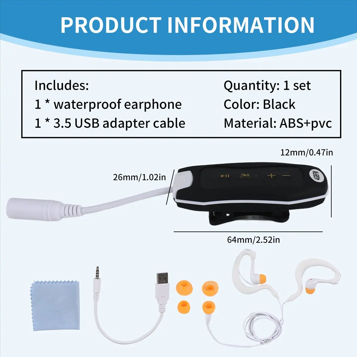 

Музыкальный MP3-плеер T28C с водонепроницаемыми наушниками для плавания и водных видов спорта, короткий шнур, 4 ГБ - черный