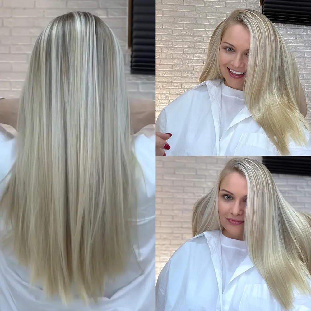 

Glueless 13x6 HD Lace Front Wigs Human Hair for Women Highlights Ombre Platinum 613 Blonde Silky Straight Pre plucked Frontal