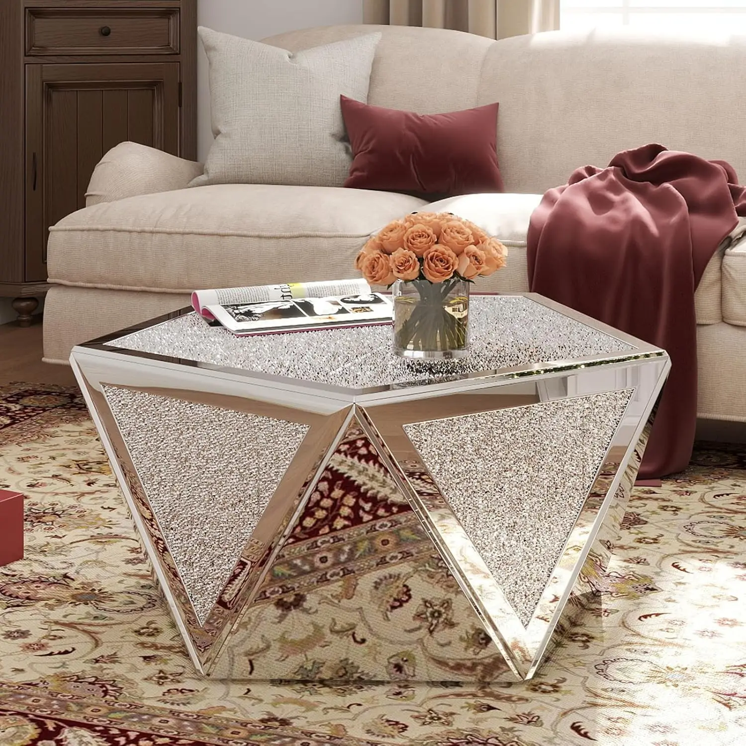 

Silver Coffee Tables For Living Room With Crushed Diamond Inlay, Mirrored Pentagonal Coffee Table With Luxury Mirror Surface