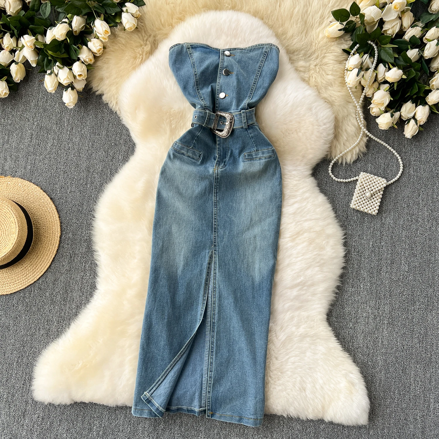 Women Sleeveless Denim Maxi Dresses Summer 2024 New American Pure Desire Spice Girl Fanny Pack Hip Slit Denim Dress